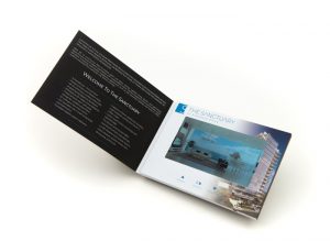 7-inch screen softcover video brochure with covers open