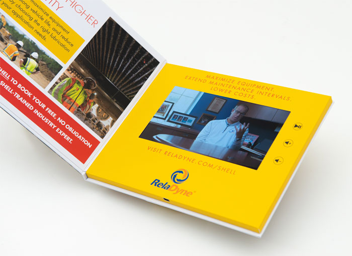 7-inch video screen in hardcover A5 video brochure