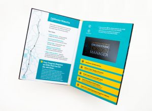 video brochure with with and aqua color background