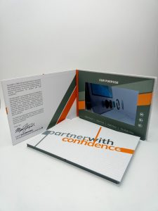 10-inch hardcover video brochure open and closed
