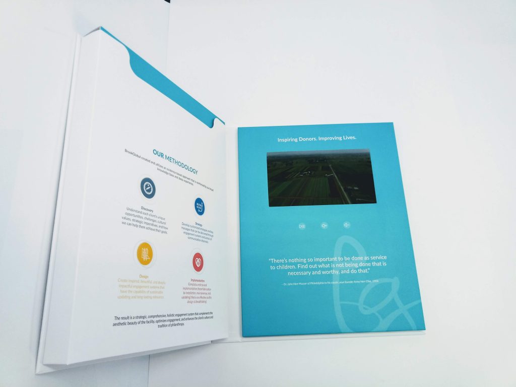 video brochure with light blue borders