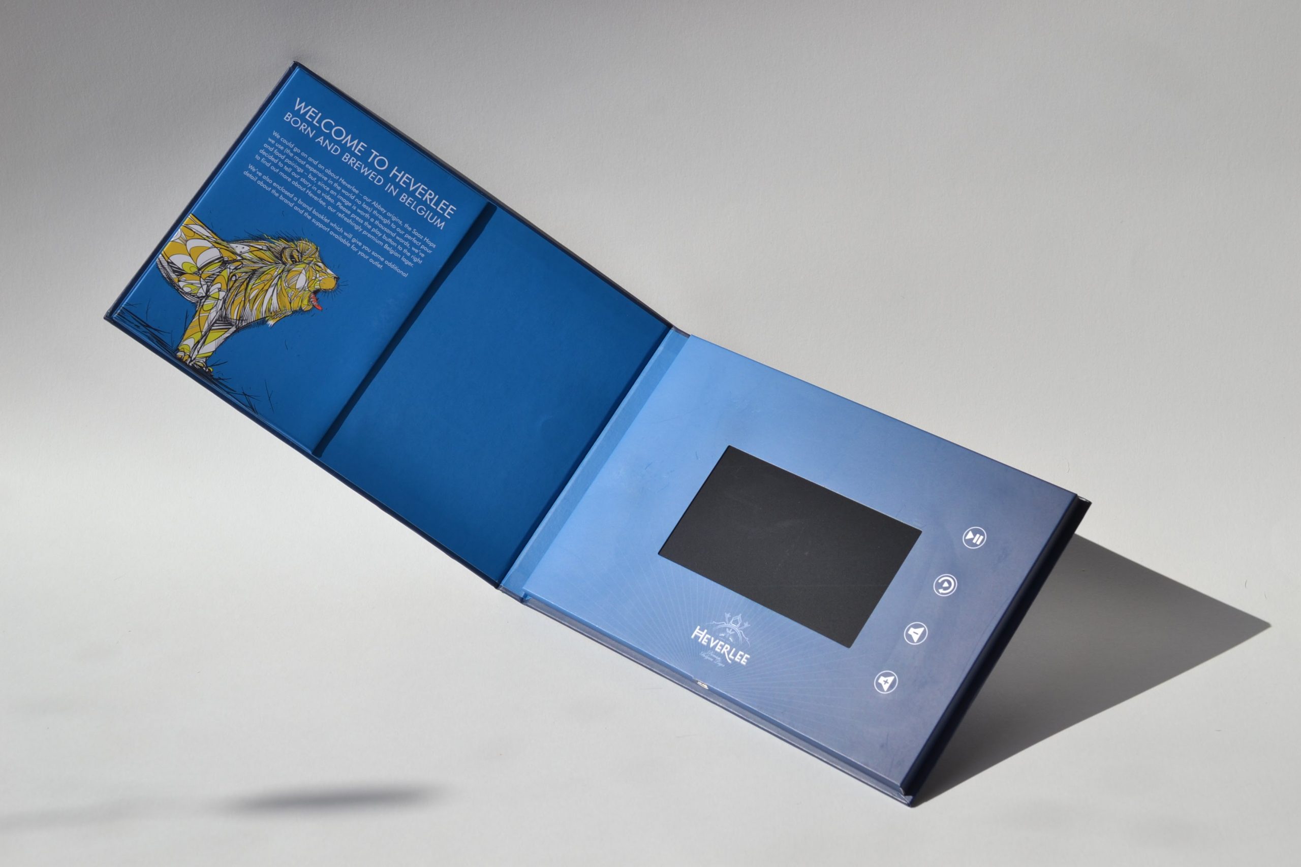 video brochure with blue colored design opened